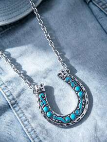 1pc Women's Jewelry Vintage Western Bohemian Style Horseshoe U-Shaped Carved Oil-Painted Totem Distressed Antique Silver Alloy Pendant Necklace, Suitable For Daily Wear, Matching Different Outfits, Suitable For All Seasons, Essential For Travel And Gatherings, Also A Top Gift Choice For Holidays And Celebrations, Add To Your Cart Now! - Necklace - View 3