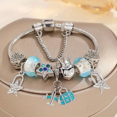 1pc Travel Theme Beaded Bracelet, Airplane & Suitcase Pendant, Blue Tone Snake Bone Chain, Niche Elegant Versatile Accessory