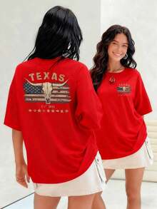 Cráneo de toro sobre la bandera americana camiseta para mujer, simboliza fuerza y libertad con el texto Texas arriba y estrellas abajo, confort 100% algodón.Suitable for spring, summer and autumn - Rojo - Ver 7