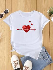 Casual And Loose Summer T-Shirt With Red Heart Print, Modern And Minimalist Style - 白色 - 查看 7