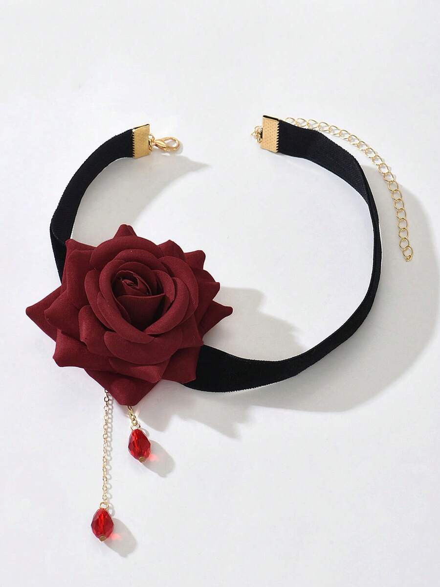 1 chiếc vòng cổ choker nhung hoa hồng phong cách Gothic cổ điển dành cho nữ, vòng cổ tua rua thời trang. - Nhiều màu - Xem 1