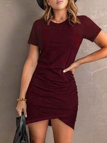 LUNE Vestido casual de mujer de unicolor con cuello redondo, manga corta y plisado - Burdeos 2 - Ver 5