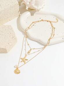 1 chiếc vòng cổ 3 lớp phong cách Bohemian, mặt dây chuyền hình vỏ sò và sao biển, vòng cổ choker ngọc trai giả kiểu dáng nghỉ dưỡng dành cho nữ. - Vàng - Xem 5