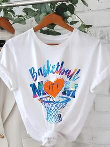 Camiseta de Mujer Talla, Cuello Redondo, Estampado de Corazón, Baloncesto y Letras en Degradé de Colores - Blanco - Ver 7