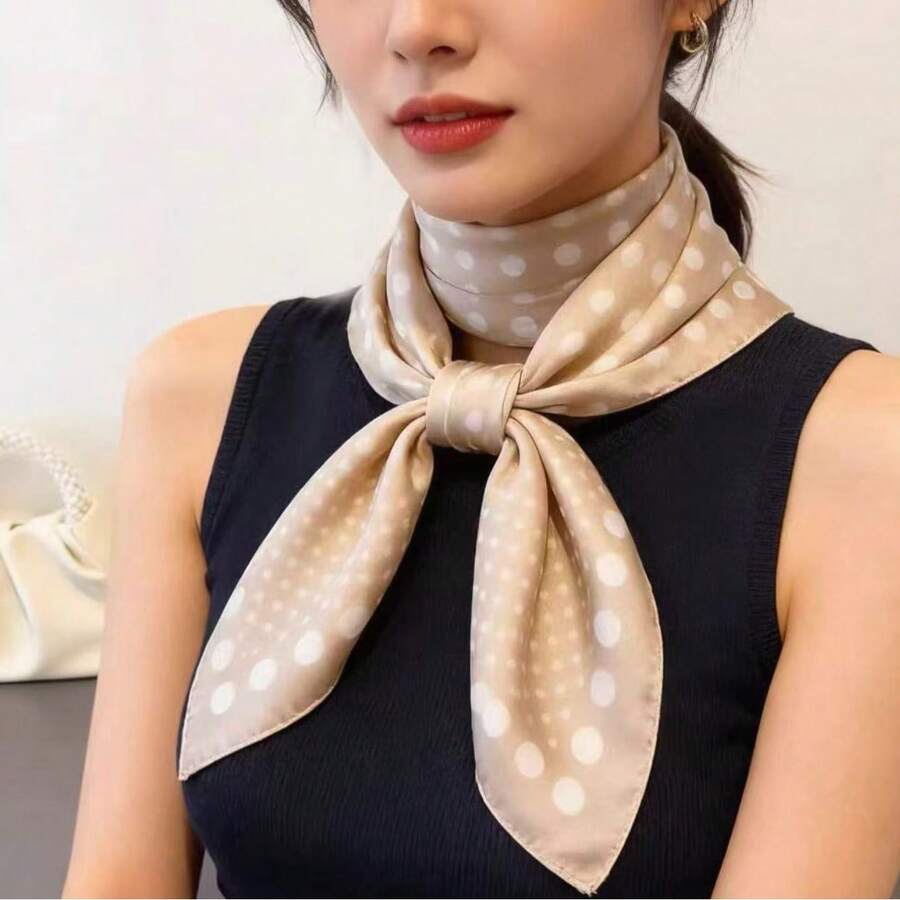 1条女士奢华优雅时尚波点印花70*70厘米100%真丝方巾，春季发带发圈配饰 - 卡其色 - 查看 1