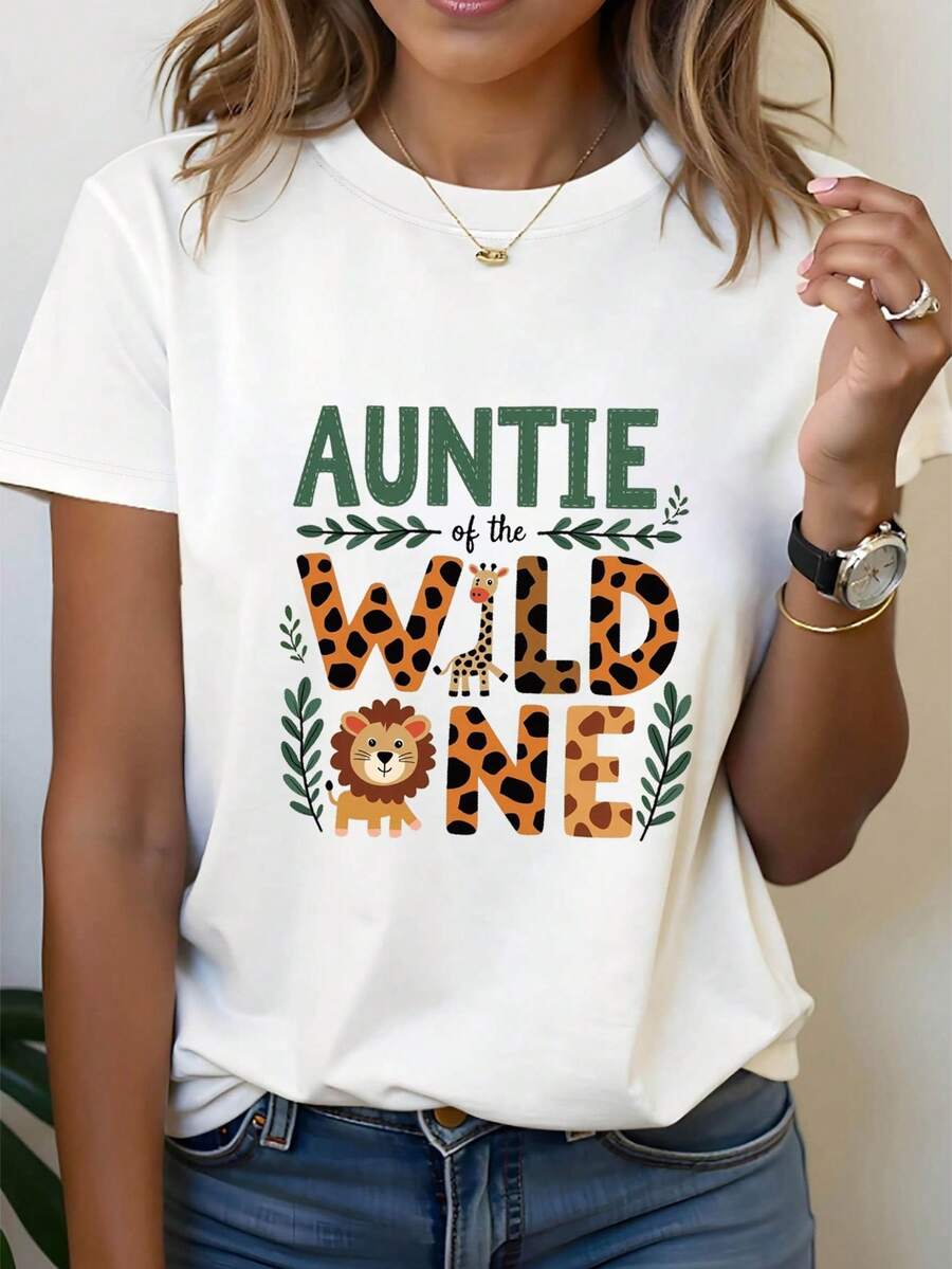 Tía del Niño Salvaje: Camiseta de manga corta de primavera-verano para mujer con cuello redondo y estampado decorativo de animales juguetones de la selva. - Blanco - Ver 1