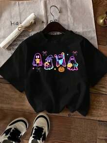 Women's Y2K Retro Glow-In-The-Dark Neon Print T-Shirt - 100% Heavyweight 180gsm Breathable And Moisture-Wicking Fabric, Loose Fit With Crew Neck And Short Sleeves For Halloween Party Outfits, All-Season Layering, And Casual Wear - Cute Ghost Design With Hearts And Bats (No Chest Padding, Comfortable For Layering) - Pastel Colors Available - Y2K Anime-Inspired Style With Glowing Ghosts And Hearts, Relaxed Fit For Summer... - 黑色 - 查看 1