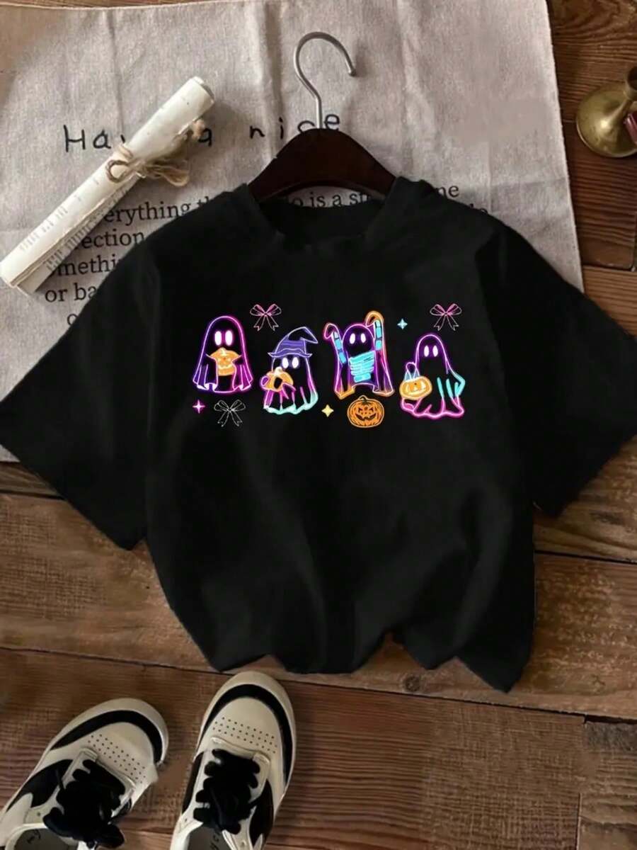 Women's Y2K Retro Glow-In-The-Dark Neon Print T-Shirt - 100% Heavyweight 180gsm Breathable And Moisture-Wicking Fabric, Loose Fit With Crew Neck And Short Sleeves For Halloween Party Outfits, All-Season Layering, And Casual Wear - Cute Ghost Design With Hearts And Bats (No Chest Padding, Comfortable For Layering) - Pastel Colors Available - Y2K Anime-Inspired Style With Glowing Ghosts And Hearts, Relaxed Fit For Summer... - 黑色 - 查看 1