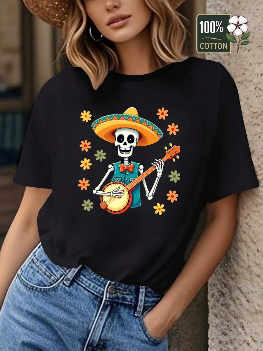 Camiseta casual versátil de algodón puro para mujer, con estampados de calaveras, sombreros de paja y banjos del Día de Muertos mexicano - top casual de manga corta con cuello redondo, diseño floral brillante y de diente de león, ropa con temática del Día de Muertos, adecuada para fiestas temáticas y uso casual. - Negro - Ver 1