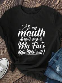 [Soft Fabric Printed T-Shirt] Soft Fabric "If My Mouth Doesn't Say" Printed T-Shirt | Short-Sleeved Crew-Neck Casual Shirt, Available In A Variety Of Colors, Women's Wear - 黑色 - 查看 1