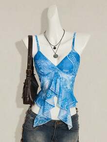 ICON Camisola Ajustada con Cuello en V y Volantes, Estampado Paisley Teal, Estilo Bohemio Retro Sexy Y2K para Mujer - Azul - Ver 4