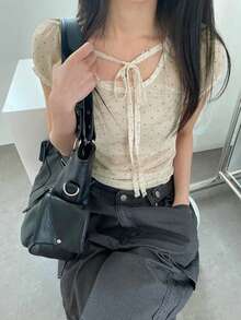 波點印花網眼短袖前綁帶T恤休閒夏季款 - 杏色 - 查看 2