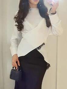 Women's Elegant Commuter Color Block Lace Patchwork Round Neck Long Sleeve Asymmetric Blouse. Solid Woven Fabric With Buttons White - White - View 7