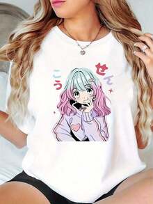 Camiseta de manga corta para mujer, 1 pieza, cuello redondo, informal, con estampado de anime, de poliéster tejido, cómoda para todas las estaciones {S-4XL}. Camiseta relajada de verano. - Blanco - Ver 1