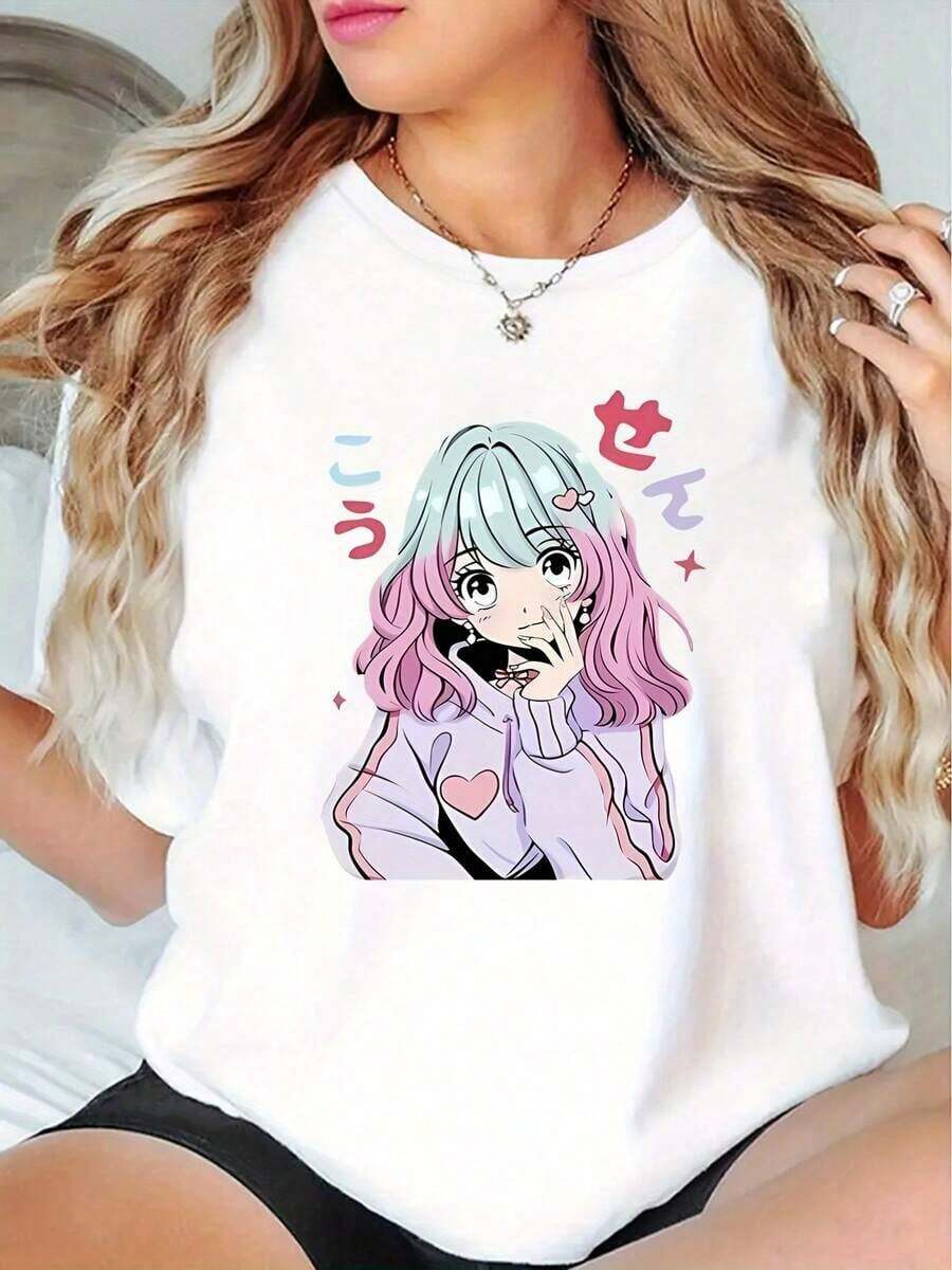 Camiseta de manga corta para mujer, 1 pieza, cuello redondo, informal, con estampado de anime, de poliéster tejido, cómoda para todas las estaciones {S-4XL}. Camiseta relajada de verano. - Blanco - Ver 1
