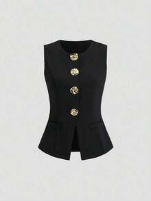 2026 Tall Women's Minimalist Basic Sleeveless Top With Large French Style Metal Buttons - 黑色 - 查看 9