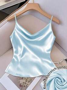 Chaleco sin mangas de mujer de tela tejida brillante, ajuste ceñido, apto para uso diario y para capas, primavera/otoño/invierno - Celeste - Ver 5