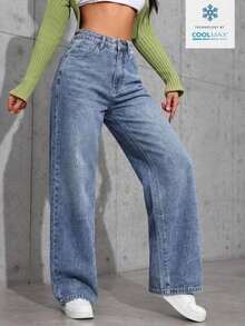 Jeans de mezclilla de unicolor minimalista para uso diario de mujer - Azul lavado oscuro - Ver 4