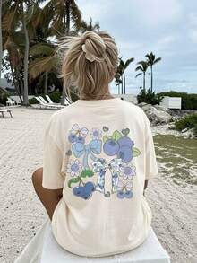 [Double-Sided Print] Women's Spring And Summer Top, Beach Fashion, Cool Style, Blueberry Print, Bow, Flowers And Hearts, Casual Short Sleeve Round Neck T-Shirt - 杏色 - 查看 3