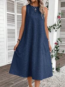 Vestido midi casual con bolsillo para mujer, carnaval de verano, casual - Azul marino - Ver 4
