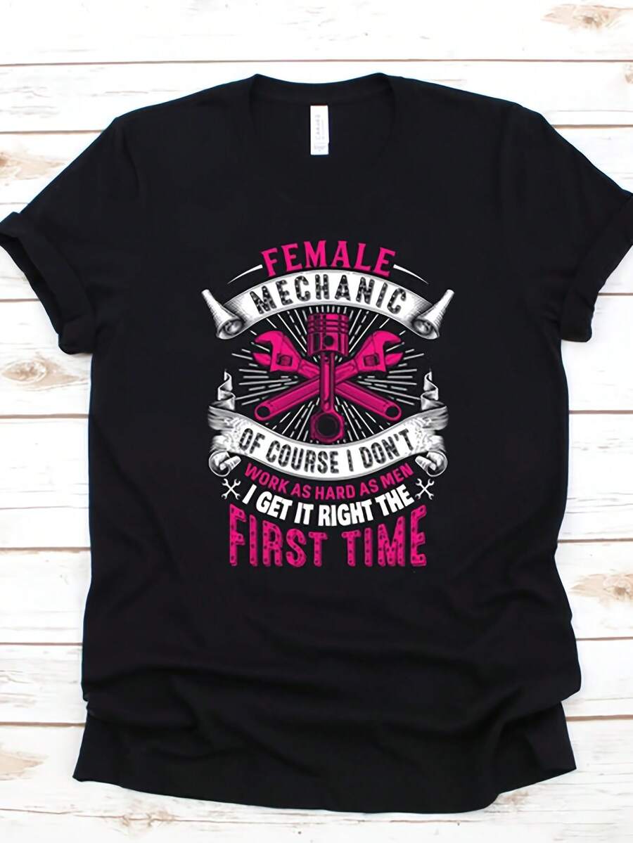 Soft T-Shirts For Women And Girls With An Automotive Mechanic Theme – Fun T-Shirts, Vests, Hoodies And Sweatshirts With Feminine Technical Prints, Decorated With Wrench And Engine Patterns, Suitable For All Seasons And Machine Washable, A Practical Gift Designed For Mechanics - 100% Cotton T-Shirt, Breathable And Casual For Everyday Wear. - 黑色 - 查看 1