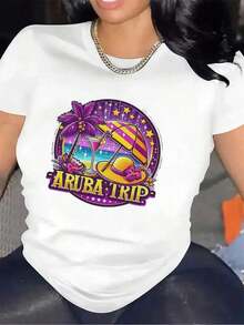 Short Sleeve T-Shirt With Tropical Design | Lightweight And Durable Fabric, Ideal For Summer Vacations And Outdoor Activities, Comfortable Fit For Everyday Wear, Crew Neck, Medium Elasticity. Women's Standard Size Casual T-Shirt, Breathable, Lightweight Short Sleeve Tee, Blouses For Women, Shirt - 白色 - 查看 7