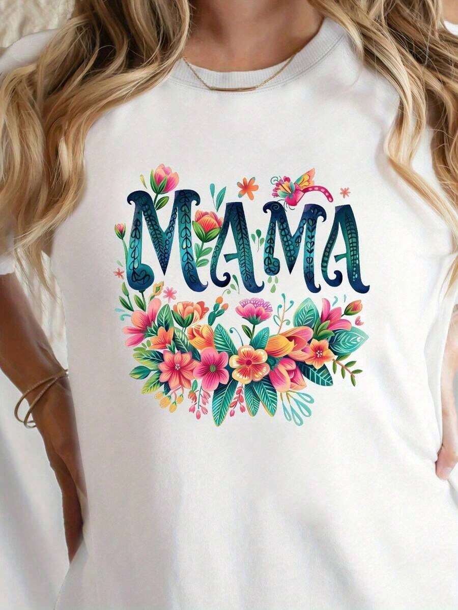 Women's Graphic T-Shirts, Soft T-Shirt With Bright Floral Design "MAMA" - Comfortable Fit, Casual Style, Machine Washable, Suitable For All Seasons, 100% Cotton, Casual Cotton T-Shirt For Women, Mother's Day Gift. - 白色 - 查看 1