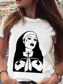 Women's Gothic Nun Graphic T-Shirt - Black Religious Shirt With White Eye Outlining - Stretchy Fabric For Halloween, Gothic Parties, And Casual Wear - Bold Catholic Nun Costume - Casual Wear, Gothic Accessories, Halloween Outfit, Medium Elasticity - 白色 - 查看 3