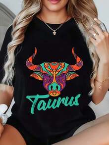 Casual Wear Unisex T-Shirt With Taurus Zodiac Graphic Print And Colorful Text, Round Neck, For Casual Wear At Home Or Outdoors, Spring, Summer, Autumn, Winter,  Everyday Wear, Gift For Family And Friends, Bohemian T-Shirt, Women's Blouses>Shirt - 黑色 - 查看 7