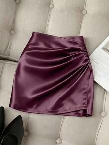 Falda asimétrica de satén de moda, cintura alta para primavera/verano, estilizante, ajustado, sexy, falda midi elegante para mujer, atuendo para la temporada de graduación, ropa casual de moda para ir al trabajo, ropa de oficina profesional, uso - Morado - Ver 7