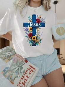 Women's Short Sleeve Crew Neck T-Shirt, Floral Design With Jesus Cross, 's T-Shirt, Christian Faith Religious Theme, Short Sleeve Top With Fun Prints, Suitable For Christmas Parties, Sports Activities, Holiday Parties, Outings, Sports And Other Christmas Gifts (G) - 白色 - 查看 5