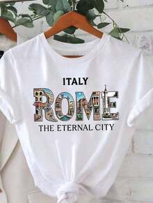 1 Piece Women's Rome, The Eternal City Graphic Print T-Shirt, Spring-Summer, Short Sleeve, Round Neck, Casual, For Daily Wear, Leisure, Holiday Gift, 180g, 100% Cotton. - 白色 - 查看 7