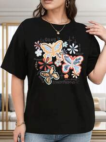 Women's Casual Cotton T-Shirt, One Size Fits Most, With A Colorful Butterfly And Flower Design - Inspirational Quote "Good Change", Round Neck, Short Sleeves, Lightweight And Breathable Fabric, Suitable For All Seasons, Casual Wear. | Floral Print Top | Comfortable Fit, Butterfly Style Shirt YJQT - 白色 - 查看 6
