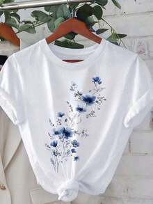 Elegant Women's T-Shirt With Floral Print, Round Neck And Short Sleeves, White With Blue Flowers, Versatile And Casual For All Seasons - 白色 - 查看 7