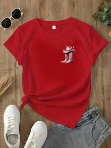Women's Double-Sided Cotton T-Shirt With Colorful Print, Western Style, Featuring Cowboy Boots And Hat, Funny Slogan Tee, Perfect For Country Music Fans,  Casual Top For Summer, New Arrival. - 紅色 - 查看 4