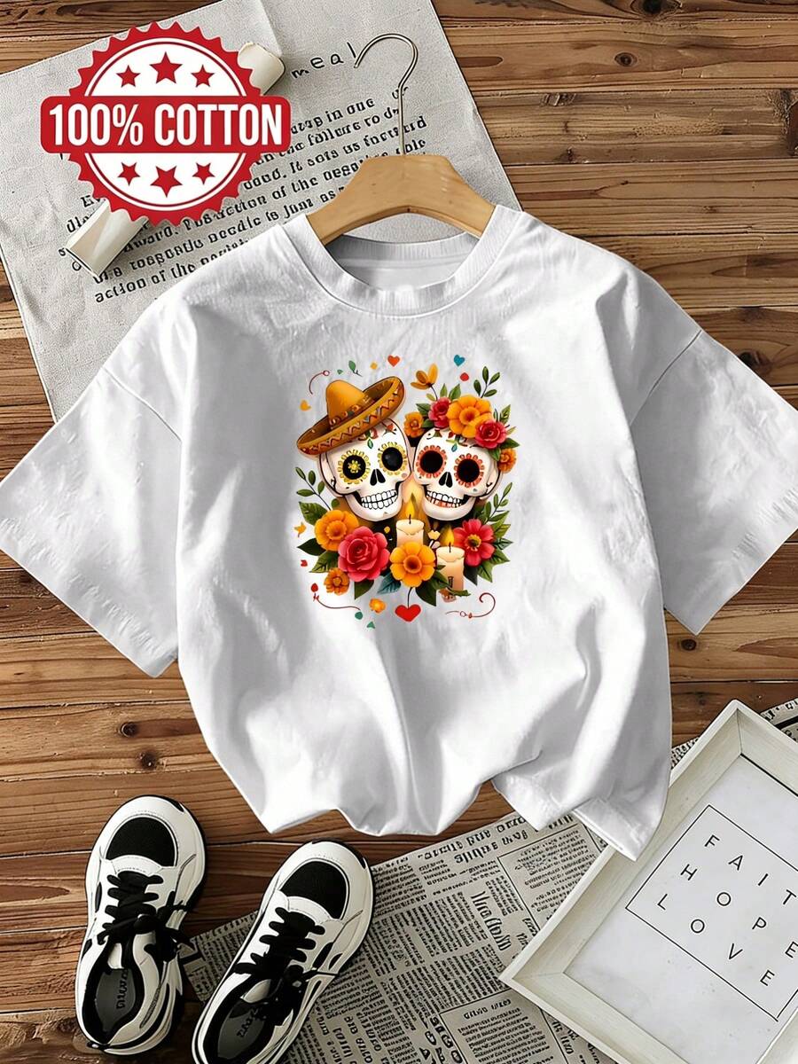 Women's T-Shirt: This Casual, Short-Sleeved, Crew-Neck T-Shirt Features A Relaxed Fit And Is Made From 100% Cotton. It's Comfortable, Breathable, Machine Washable, And Easy To Care For. The Design Includes A Mexican Day Of The Dead Skull Print And Floral Motifs. This New 2026 Summer T-Shirt Is Perfect For Travel And Everyday Wear, And Is Specially Designed For Women. - 白色 - 查看 1