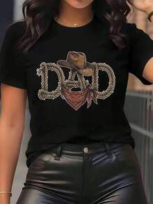 New Arrivals For Summer. Women's T-Shirt With Cowboy Hat, Bandana And Rope Print, Round Neck, Casual Everyday Wear, Soft And Comfortable, Festival Blouse, Shirt > Beautiful. - 黑色 - 查看 1