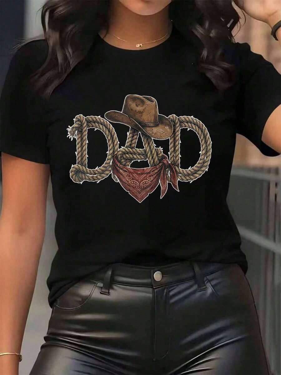 New Arrivals For Summer. Women's T-Shirt With Cowboy Hat, Bandana And Rope Print, Round Neck, Casual Everyday Wear, Soft And Comfortable, Festival Blouse, Shirt > Beautiful. - 黑色 - 查看 1