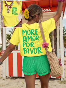 Camiseta de Mujer DrmWander, Camiseta de Manga Corta con Estampado Gráfico Estilo Casual Urbano, Bonita Camiseta de Verano, Camisetas Lindas para Mamá, Camiseta Personalizada, Camiseta Gráfica Personalizada, Camiseta de Mujer, Conjuntos de Ropa de Vacaciones, Conjuntos de Playa, Ropa de Verano para Mujer, Camisetas para Damas para el Verano, Tops de Mujer para el Verano, Atuendo para la Playa para Mujer, Camisetas para Damas para el Verano - Amarillo - Ver 3
