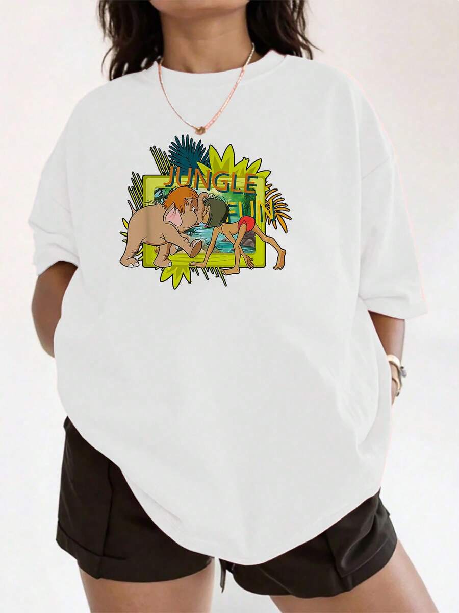 Colorful Image Of A Child And Elephant In The Jungle Surrounded By Tropical Leaves, Evoking Friendship, Nature, And Youthful Adventure. Cheerful, Comfortable, Casual Women's T-Shirt For Everyday Wear, Modern And Versatile. - 白色 - 查看 1