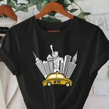 New York Taxi Graphic T-Shirt, Casual Women's Vacation Short Sleeve Crew Neck Spring/Summer Machine Washable New Women's Clothing Versatile Streetwear Sporty Cotton T-Shirt - 黑色 - 查看 7