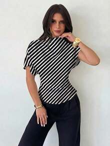 Blusa ajustada de estampado animal minimalista y casual con cuello fruncido, manga asimétrica y cintura fruncida, para mujer, para todas las estaciones - Blanco 2 - Ver 4