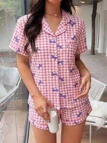 2pcs/Set Comfortable Plaid Bow Print Short Sleeve Top And Bow Shorts Women's Pajama Set, Suitable For All Seasons - Pink - View 3