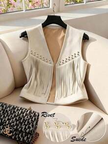 Chaqueta casual de mujer con flecos de gamuza, decoración de remaches, estilo bohemio, versátil para uso diario, vacaciones, trabajo, estilo francés elegante, sin mangas, beige, para principios de primavera/primavera y verano - Albaricoque - Ver 8