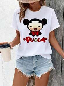 This Women's Casual Cotton T-Shirt Features A Pucca Cartoon Character Design, Including Her Image And The Word PUCCA. A New Short-Sleeved T-Shirt For Women, A Casual Printed Top, And A Stylish Garment For Ladies. Versatile Style Suitable For Summer. - 白色 - 查看 6