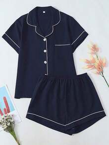 Set de 2 piezas de ropa de dormir de verano para mujer: top de manga corta y shorts, ropa casual y cómoda para el hogar y uso casual - Azul marino - Ver 6