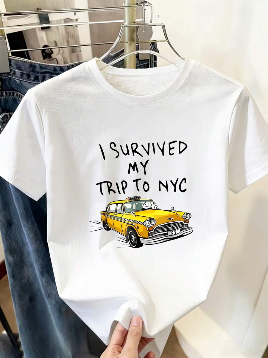 Women's Cotton T-Shirt, A New York Travel Souvenir Featuring The Text "I SURVIVED MY TRIP TO NYC" And An Illustration Of A Yellow Taxi. Stylish, Casual, Relaxed Fit, And Crew Neck. Soft, Comfortable Against The Skin, Breathable, Modern, And Simple, This Short-Sleeved T-Shirt Is Suitable For All Seasons. It Can Be Worn As A Base Layer In Spring And Fall Or On Its Own In Summer. Unisex Style, A , Heavyweight Cotton City Boy T-Shirt. - 白色 - 查看 1
