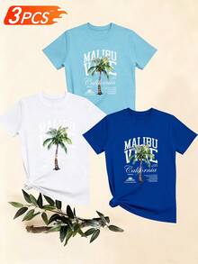 Women's T-Shirts, Women's T-Shirts, Casual One-Piece T-Shirt With Palm Print, California Style, Round Neck, Short Sleeve Top, Comfortable And Breathable Summer Top. - 1件黑色隨機圖案 - 查看 6