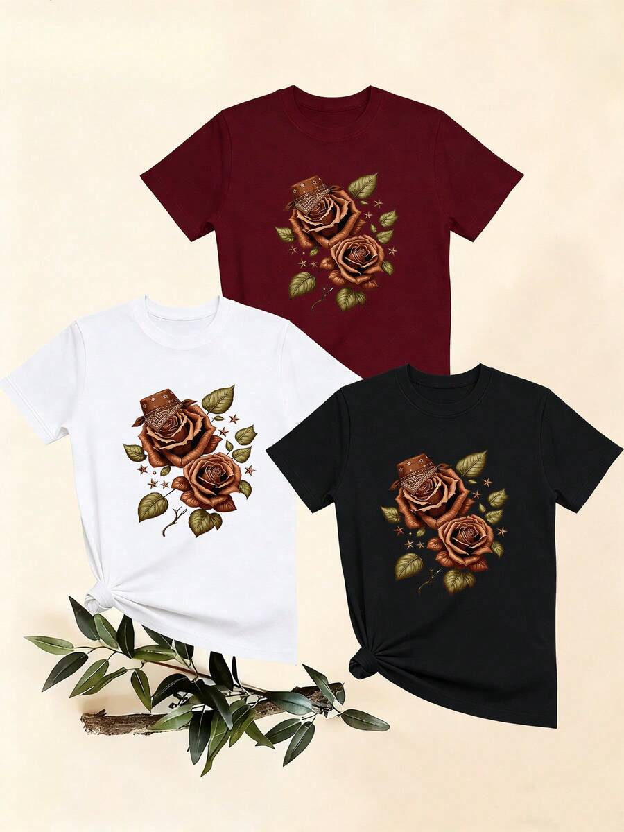 Women's T-Shirts, Women's T-Shirts, Casual One-Piece T-Shirt With Rose Hat Print Design, Comfortable And Breathable Top For Everyday Wear. - 1件白色隨機圖案 - 查看 1