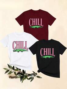 Women's T-Shirts, Women's T-Shirts, Casual One-Piece T-Shirt Set With Fun CHILL Letter Print And Crocodile, Comfortable Short Sleeve Crew Neck Loose Fit Top. - 1件黑色隨機圖案 - 查看 1